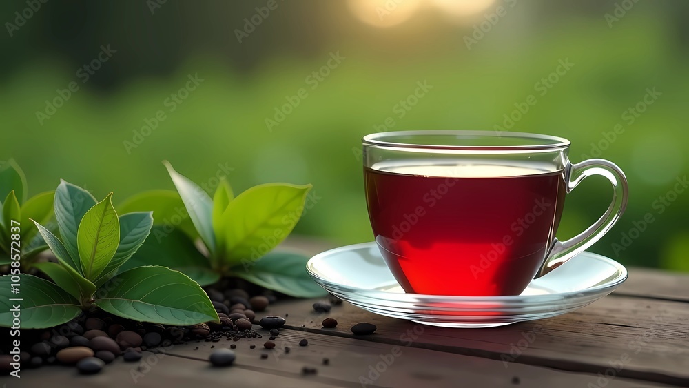 Hot tea against the backdrop of a tea plantation. Tea Day. Hot tea against the backdrop of a tea plantation. Tea Day.