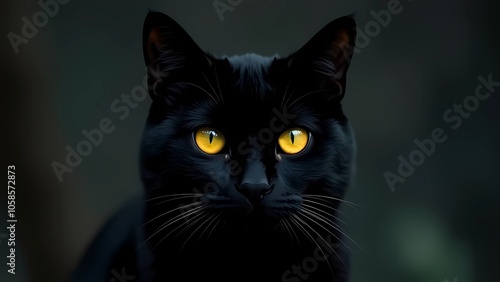 Black cat with bright eyes on dark background