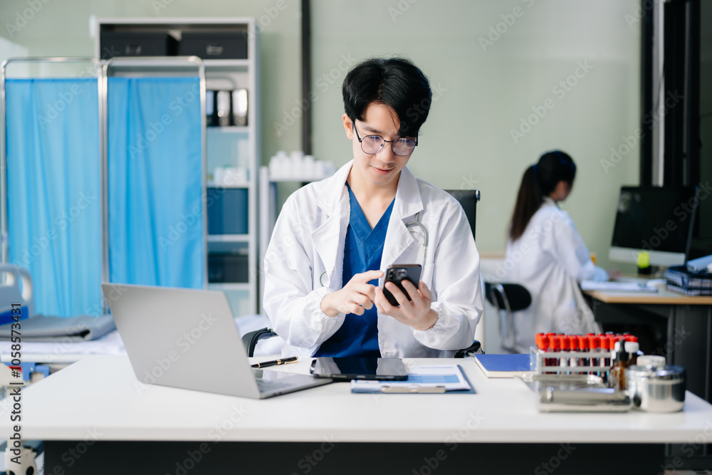 Doctor analyzing patient data on tablet in clinical lab. Medical professional in hospital with laptop, blood samples Doctor analyzing patient data on tablet in clinical lab. Medical professional in hospital with laptop, blood samples