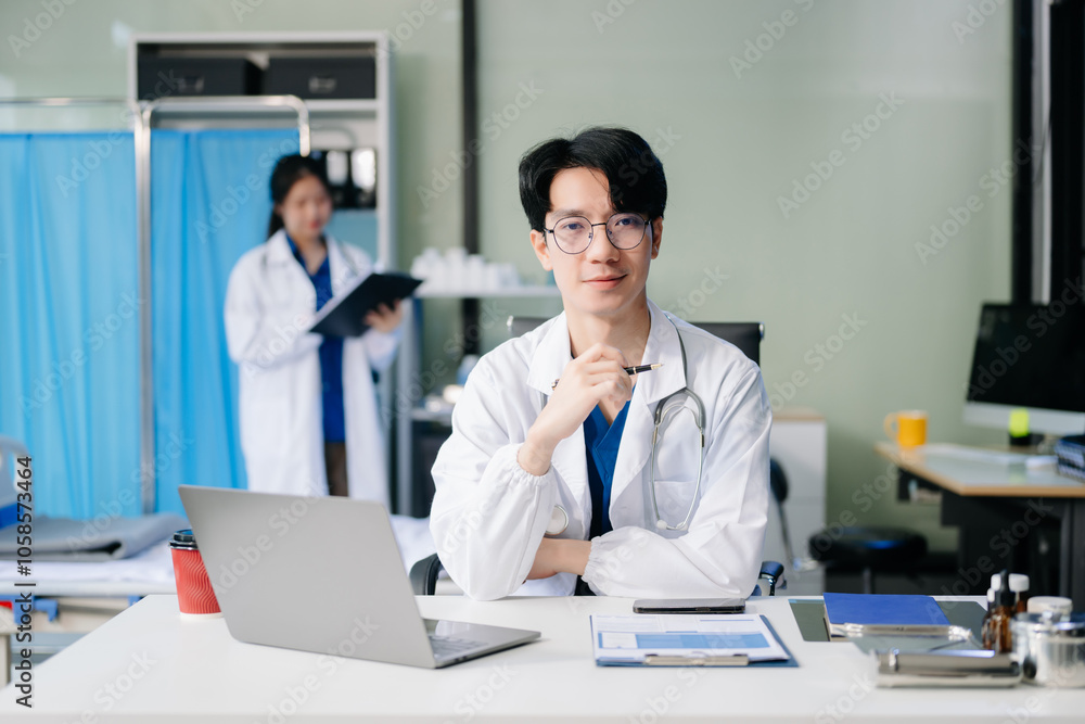 Doctor analyzing patient data on tablet in clinical lab. Medical professional in hospital with laptop, blood samples Doctor analyzing patient data on tablet in clinical lab. Medical professional in hospital with laptop, blood samples