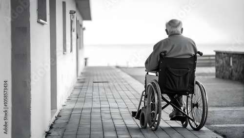 Sad Senior Man in Wheelchair Sitting Alone on Park Road – Stock Image of Elderly Disability, Perfect for Awareness Campaigns and Healthcare Posters