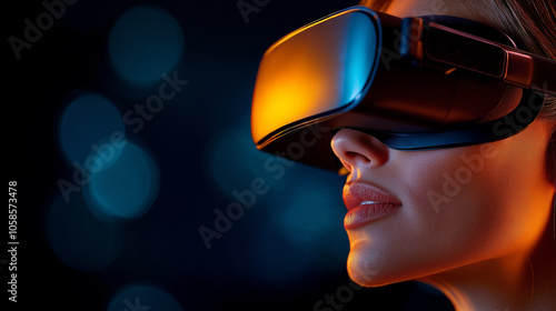 A medium shot of a woman in VR glasses, her head slightly tilted as she explores a virtual scene. Her posture and engaged expression reveal her immersion, while soft neon lights in