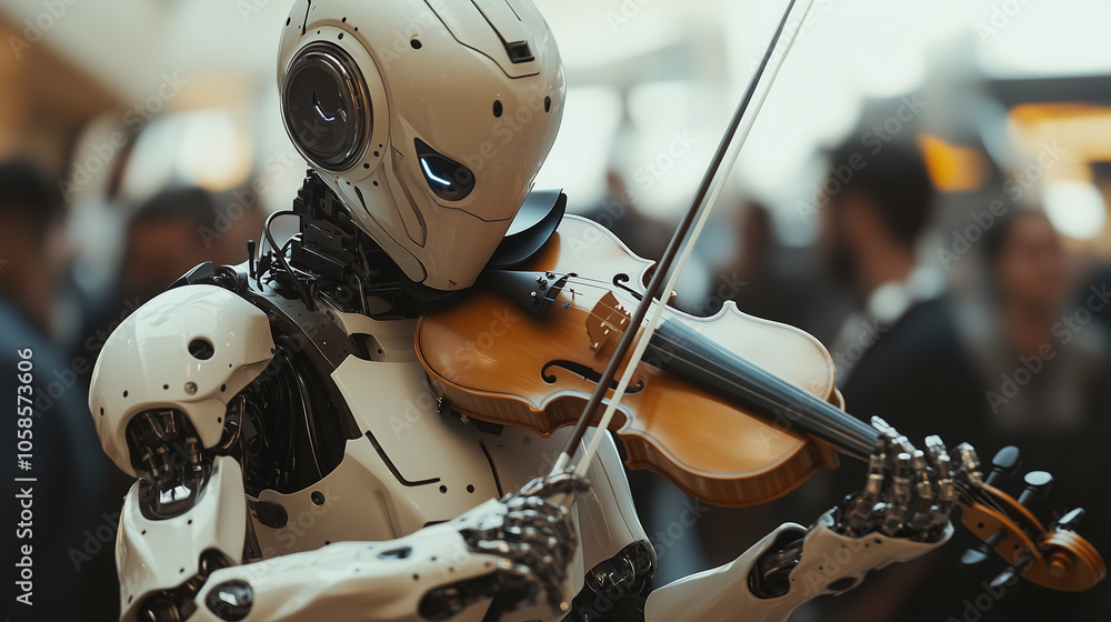 Fototapeta premium Robot Violinist Delivers Masterful Performance to Audience, Blending AI and Musical Artistry