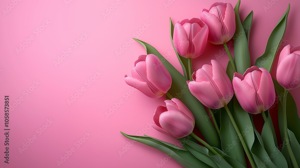 Fototapeta premium Pink tulips on pink background