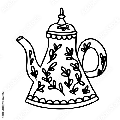 vector drawing of a teapot. Coffee pot with ornament. Cartoon teaware