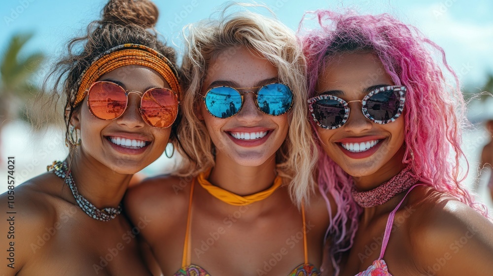 Three friends smiling on a beach, enjoying a sunny day together. Three friends smiling on a beach, enjoying a sunny day together.