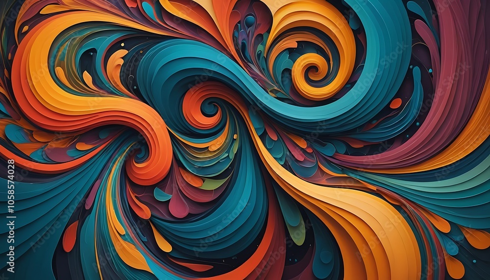 A vibrant abstract design with swirling, layered colors of orange, teal, and maroon. A vibrant abstract design with swirling, layered colors of orange, teal, and maroon.