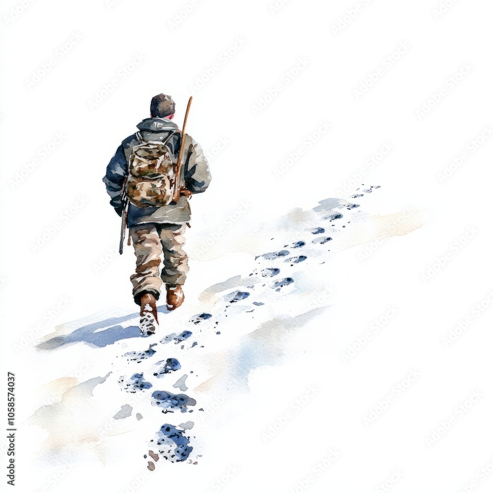 watercolor painting of a hunter tracking footprints in fresh snow during a winter hunt, on isolated white background watercolor painting of a hunter tracking footprints in fresh snow during a winter hunt, on isolated white background