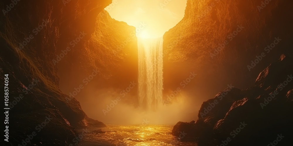 Fototapeta premium Golden Waterfall in a Dramatic Landscape