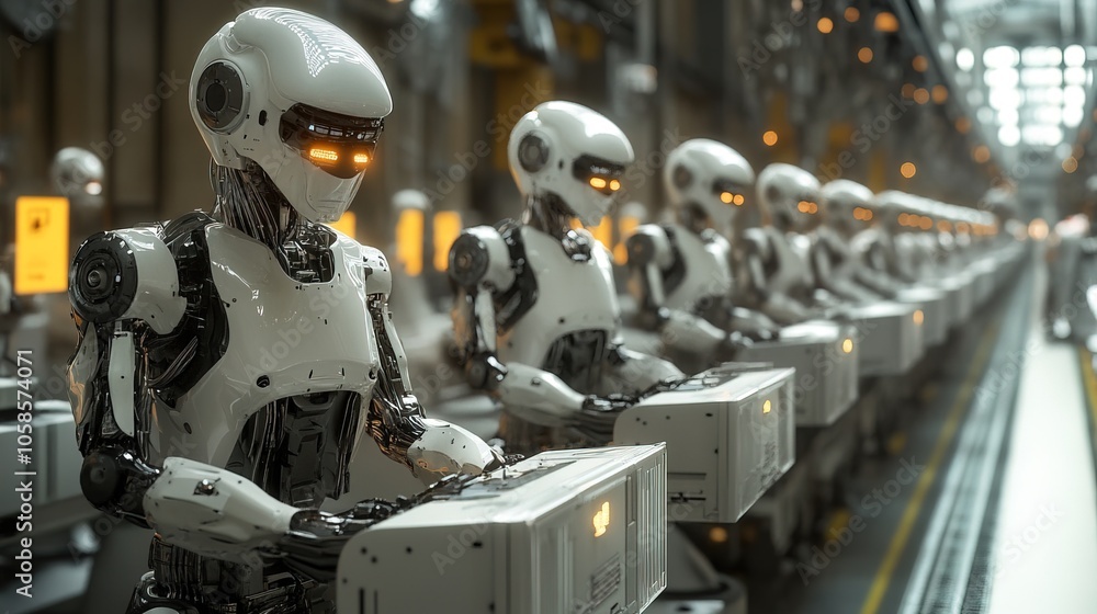 Fototapeta premium Industrial Human robots working on an automotive assembly line