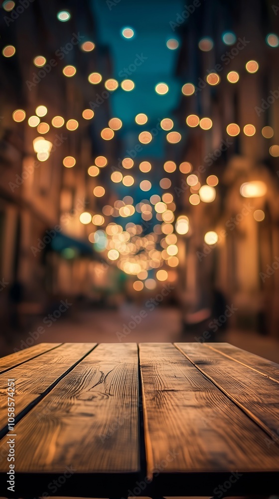 Wooden table with a blurred background of a night street cafe in bokeh lights Wooden table with a blurred background of a night street cafe in bokeh lights
