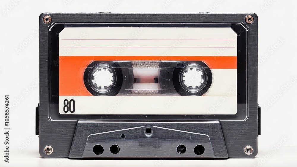 Obraz premium Vintage audio cassette tape with retro design, isolated on white background, perfect for nostalgic and 80s-inspired projects.