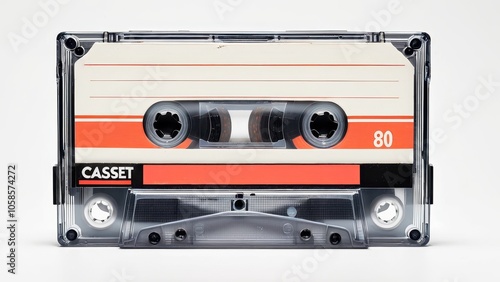 Vintage audio cassette tape with retro design, isolated on white background, perfect for nostalgic and 80s-inspired projects.