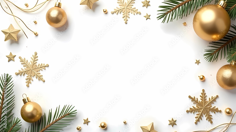 Beautiful frame with golden and white background decorated with Christmas ornaments, snowflakes and holiday decorations Beautiful frame with golden and white background decorated with Christmas ornaments, snowflakes and holiday decorations