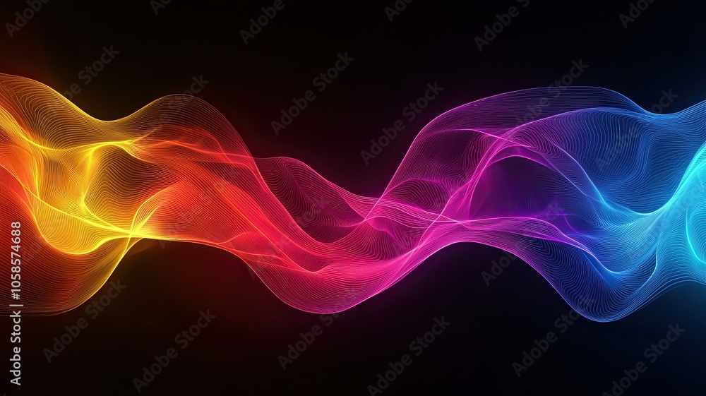 Colorful Abstract Wave Light Flow on Dark Background, Dynamic abstract light waves in red, yellow, pink, and blue hues flow across a dark background, evoking energy and movement in a vibrant display.
Colorful Abstract Wave Light Flow on Dark Background, Dynamic abstract light waves in red, yellow, pink, and blue hues flow across a dark background, evoking energy and movement in a vibrant display.