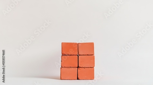 Red bricks arranged in a stack create a minimalist composition on a white background. This image of construction red bricks emphasizes texture and form, offering ample copy space. photo