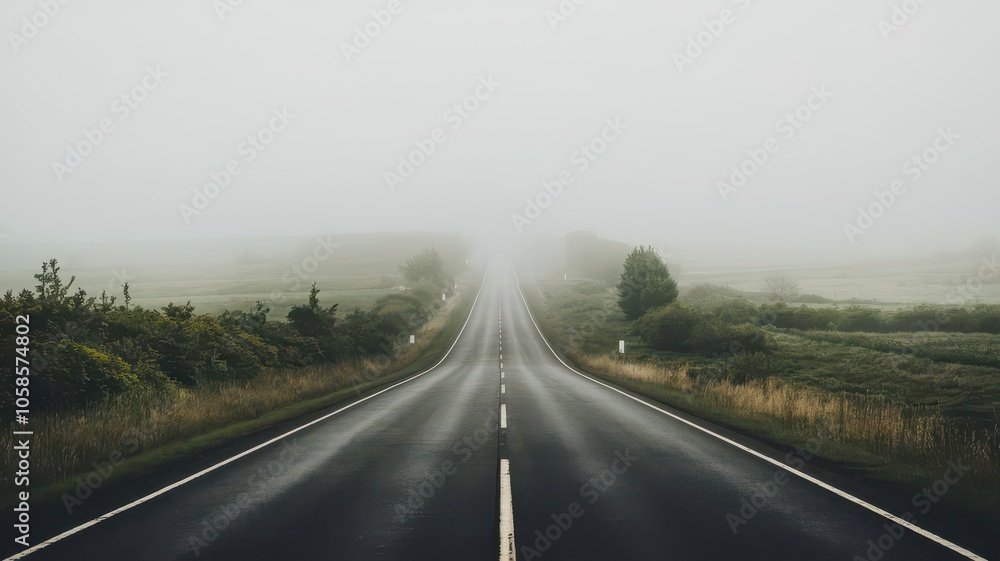 Fototapeta premium Fog on the road with nature isolated background view. Foggy road street with trees plants leaves. winter smog road with loneliness backgrond wallpaper