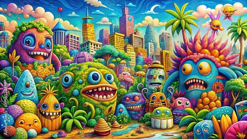 Grunge Doodle Summer Monster Cityscape