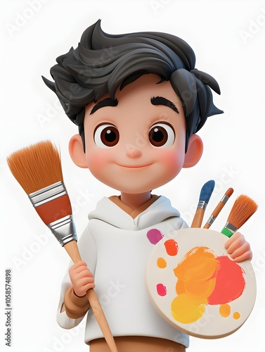 Cheerful and creative cartoon style portrait of a young boy dressed as an holding paint brushes and a colorful palette set against a plain white background