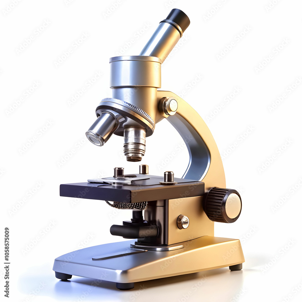 A sleek, modern microscope standing upright,