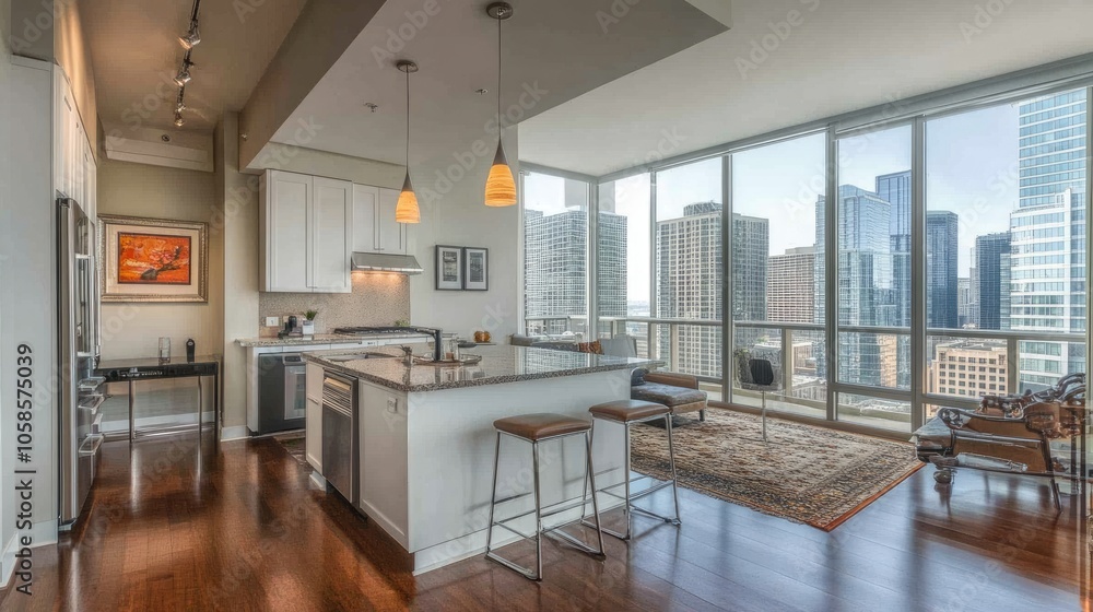 Fototapeta premium Modern City Apartment Kitchen with Skyline View
