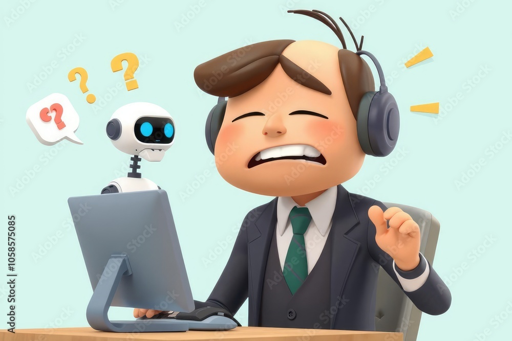 Frustrated Businessman and Robot Customer Service Frustrated Businessman and Robot Customer Service