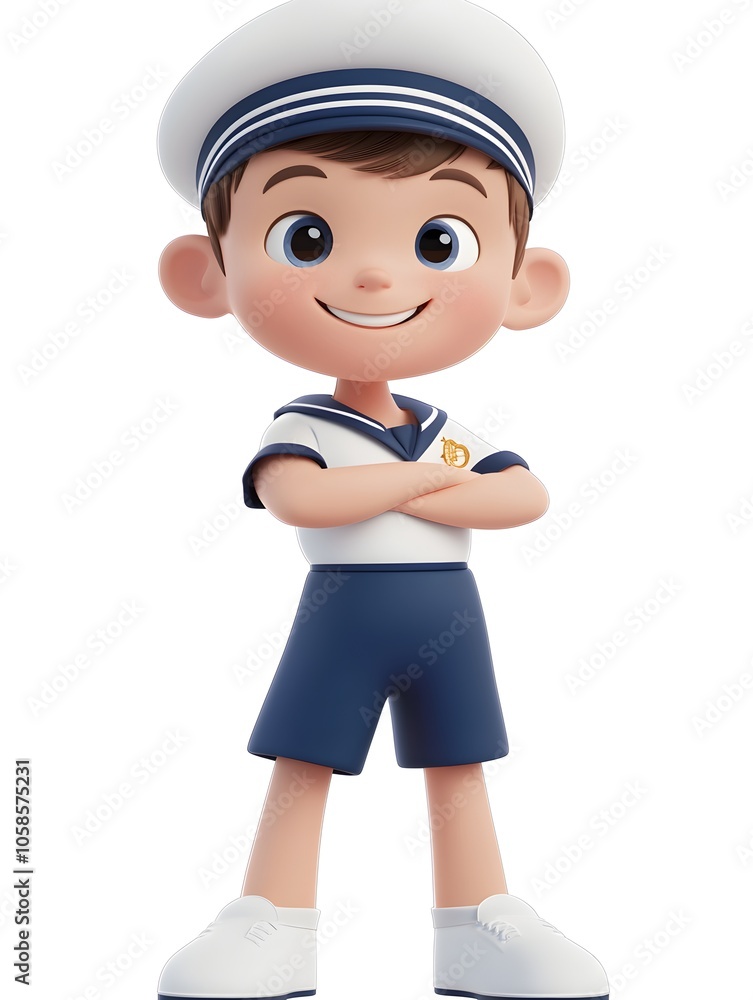 Cheerful Cartoon Boy in Sailor Uniform Standing with Crossed Arms Smiling Young Child in 3D with Nautical Outfit Friendly and Playful Attitude Cheerful Cartoon Boy in Sailor Uniform Standing with Crossed Arms Smiling Young Child in 3D with Nautical Outfit Friendly and Playful Attitude