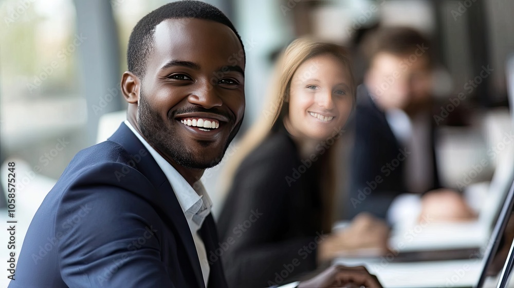Smiling Businessman in Modern Office Setting Smiling Businessman in Modern Office Setting