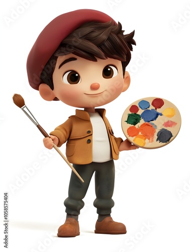 Cheerful Young Boy Holding a Painting Palette and Brush Posing in a Cartoon Style Digital with a Vibrant and Playful Look