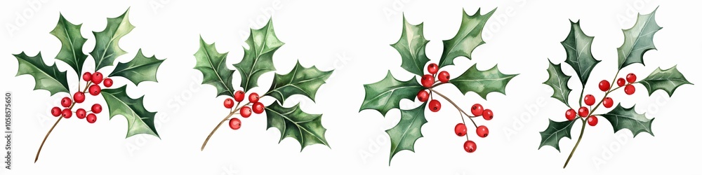 A collection of holly leaves and red berries, perfect for festive decorations and holiday-themed designs., watercolor on white background A collection of holly leaves and red berries, perfect for festive decorations and holiday-themed designs., watercolor on white background