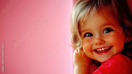 Happy child smiling against a pink background.