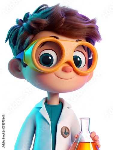 Colorful 3D cartoon style image of a young boy dressed as a scientist in a laboratory setting with safety equipment and holding a chemical flask representing education discovery and STEM learning