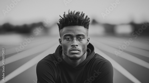 An Athlete in the ready position on the running track, looking directly at the camera. It’s a full-body shot taken in the morning, Generative AI