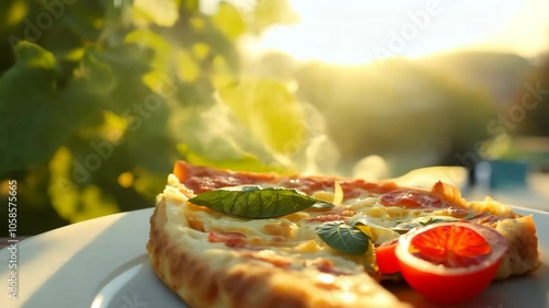 Hot pizza slice with fresh vegetables in summer garden setting photo