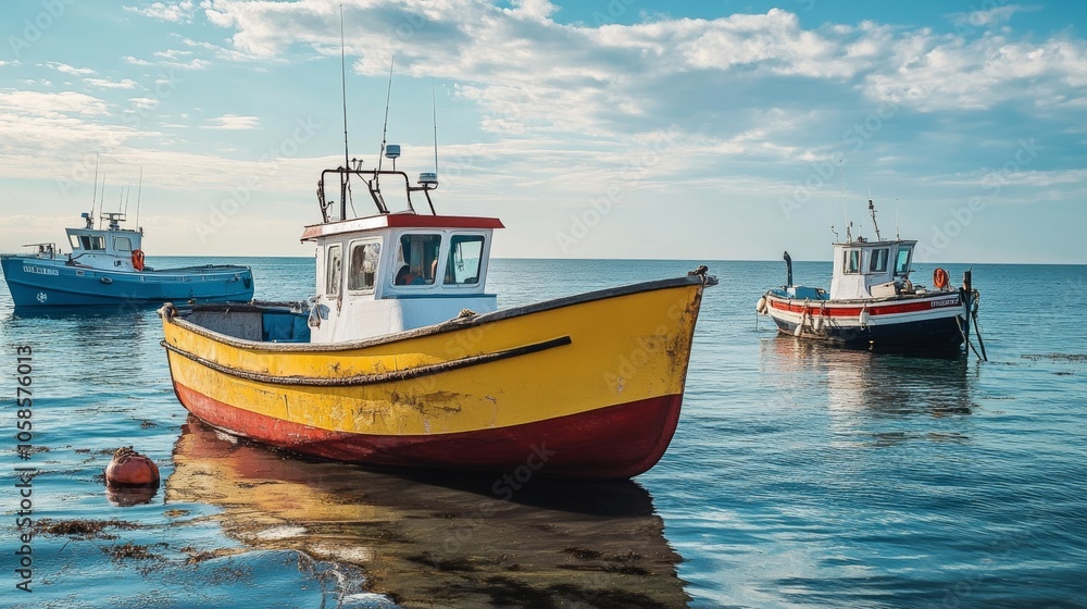 fishing boats by the sea on a sunny day fishing boats by the sea on a sunny day