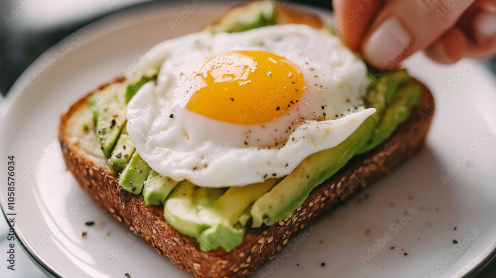 Hand Holding a Slice of Avocado Toast With Poached Egg, Captured in a Simple Kitchen Setting for a Healthy Breakfast Snack Hand Holding a Slice of Avocado Toast With Poached Egg, Captured in a Simple Kitchen Setting for a Healthy Breakfast Snack