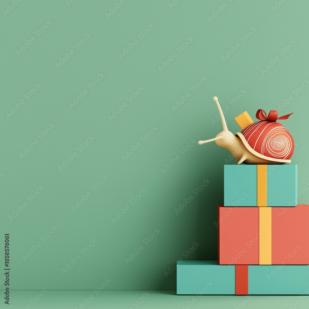 A whimsical snail atop colorful gift boxes against a mint green background, creating a playful and festive atmosphere. A whimsical snail atop colorful gift boxes against a mint green background, creating a playful and festive atmosphere.