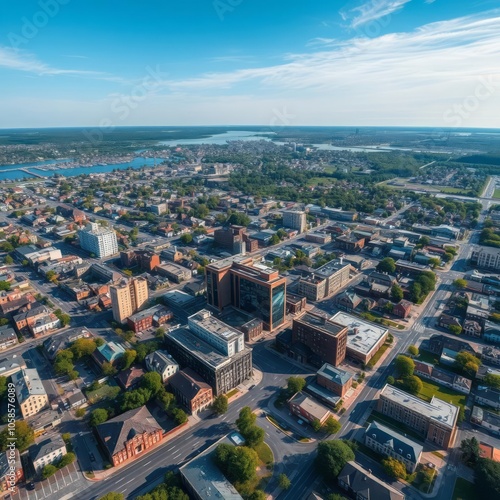 Aerial view of river ouse with beautiful buildings and historic bridge surrounded by greenery and streets york england aerial city Ultra realistic Photorealistic  photo