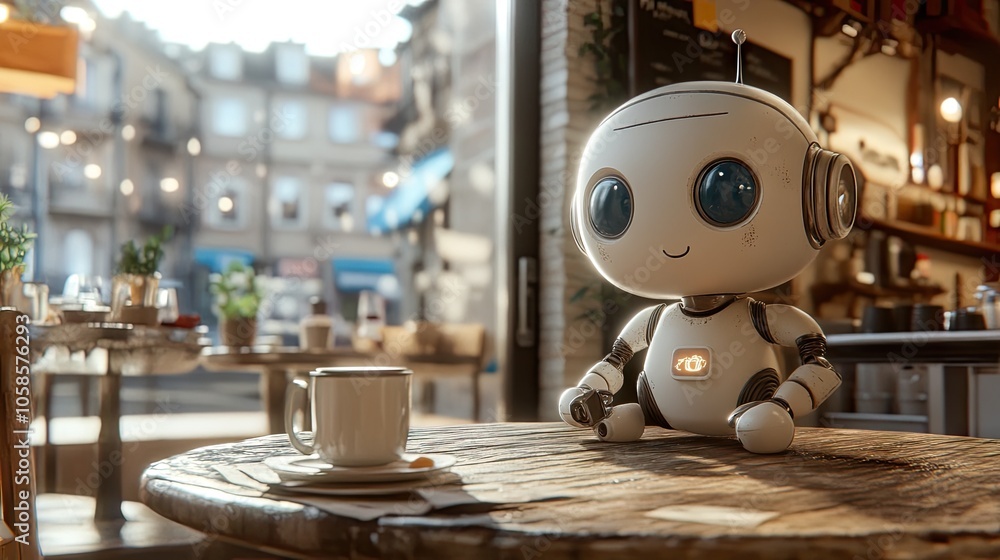 Fototapeta premium Friendly Robot Enjoying Coffee in Cozy Café Setting