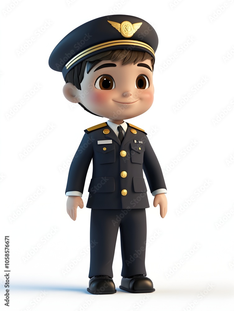 Cute 3D cartoon style image of a young boy dressed in a pilot s uniform with cap badge and other aviation symbols representing the occupation of a military officer or air force personnel Cute 3D cartoon style image of a young boy dressed in a pilot s uniform with cap badge and other aviation symbols representing the occupation of a military officer or air force personnel