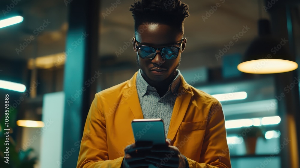 Man in Yellow Jacket Checking His Phone in a Dimly Lit Room Man in Yellow Jacket Checking His Phone in a Dimly Lit Room