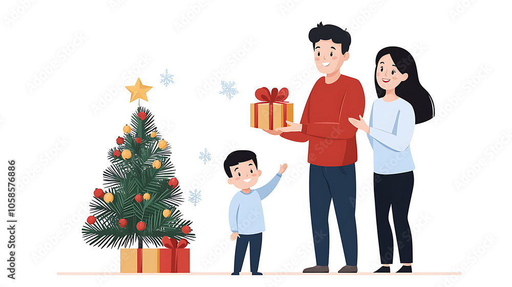 A joyful family celebration exchanging new year blessings and gifts around the christmas tree