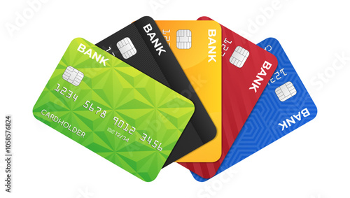 Realistic multi-colored bank credit or debit plastic cards fanned out, vector illustration