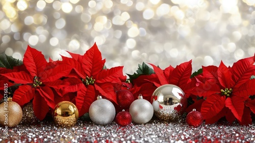 A Christmas banner featuring lush red poinsettias combined with elegant gold and silver ornaments, scattered over a shimmering, glittery backdrop. 