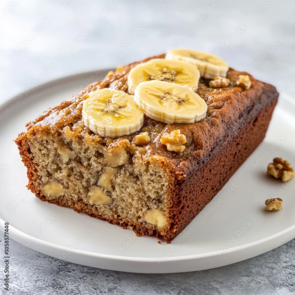 A delectable and moist banana bread with a golden crust and slices of banana on top, served on a white plate, Banana bread centered A delectable and moist banana bread with a golden crust and slices of banana on top, served on a white plate, Banana bread centered