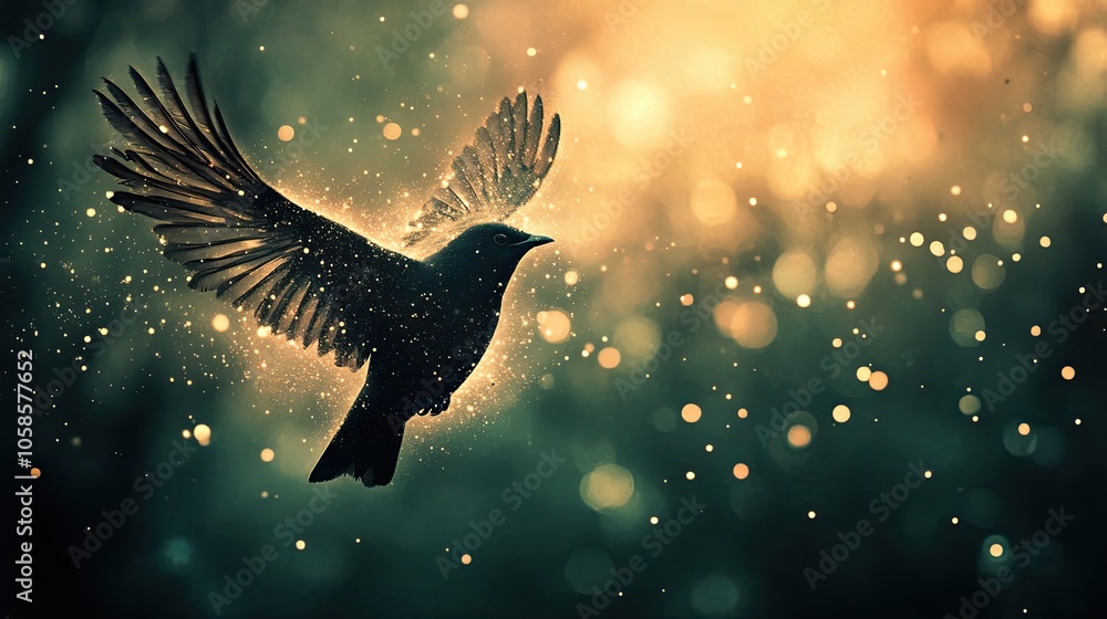 Fototapeta premium A Silhouetted Bird Flying Through Golden Sparkles