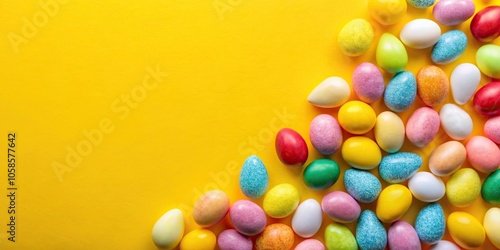 Pattern of egg shaped candy flat laid against yellow background