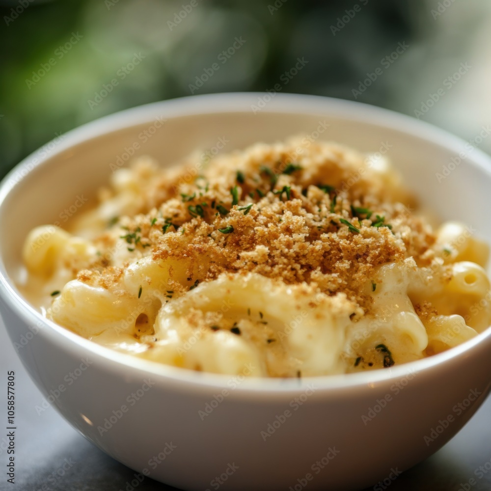A delectable bowl of creamy mac and cheese with a golden breadcrumb topping, served in a white ceramic dish, Mac and cheese centered A delectable bowl of creamy mac and cheese with a golden breadcrumb topping, served in a white ceramic dish, Mac and cheese centered