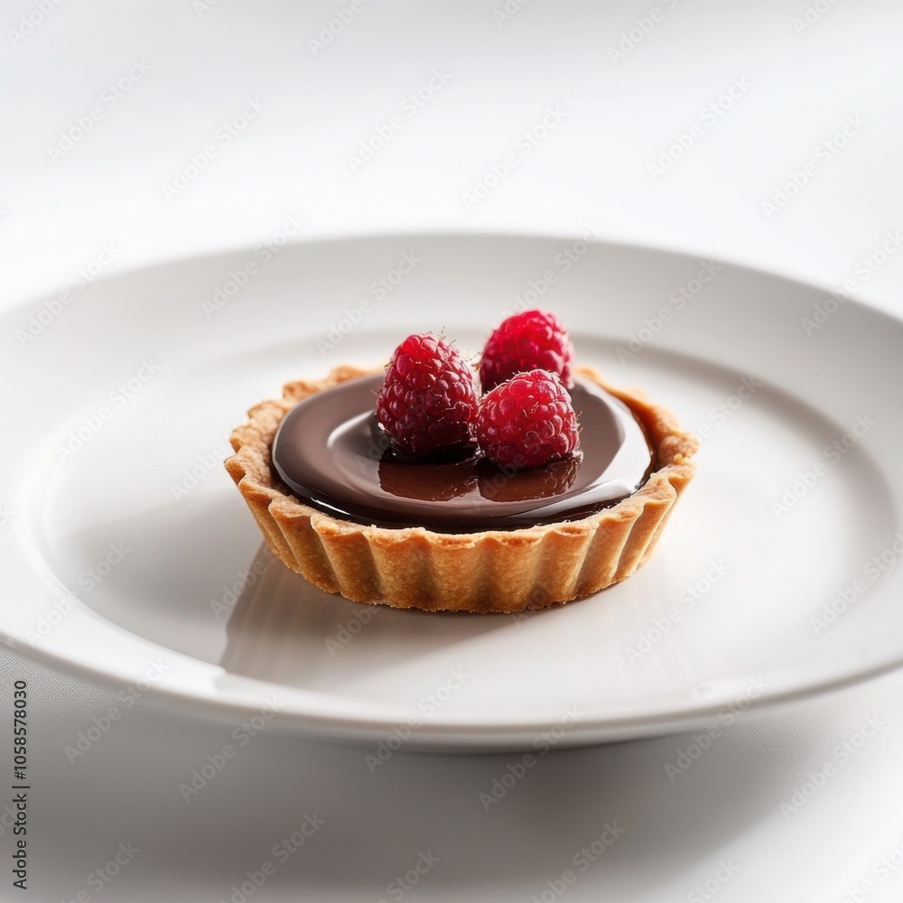 A delectable chocolate tart with a rich ganache filling and a crisp tart shell, elegantly presented on a white plate, Chocolate tart centered A delectable chocolate tart with a rich ganache filling and a crisp tart shell, elegantly presented on a white plate, Chocolate tart centered