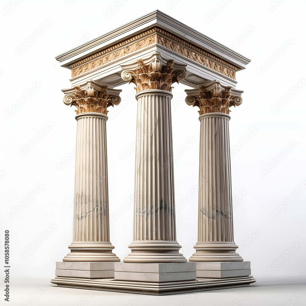 Classic Greek columns with intricate details isolated on a white background, showcasing their elegant fluted shafts and ornate capitals. Classic Greek columns with intricate details isolated on a white background, showcasing their elegant fluted shafts and ornate capitals.